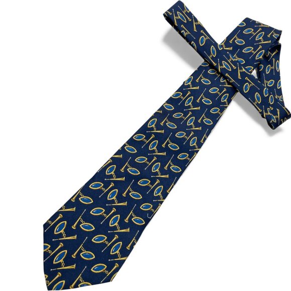 Gucci Silk Tie Italy Made Vintage Horsebit Blue Gold Starter Horn Horse Racing - Picture 2 of 7